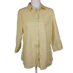 Coldwater Creek Yellow Striped 3/4 Sleeve Button Up Blouse Medium No Iron EUC